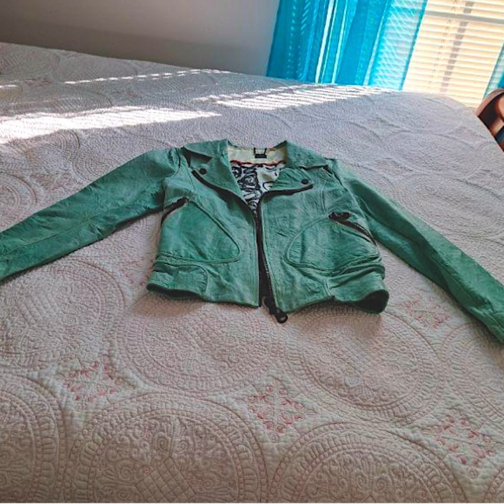Soft Green Leather Moto Jacket